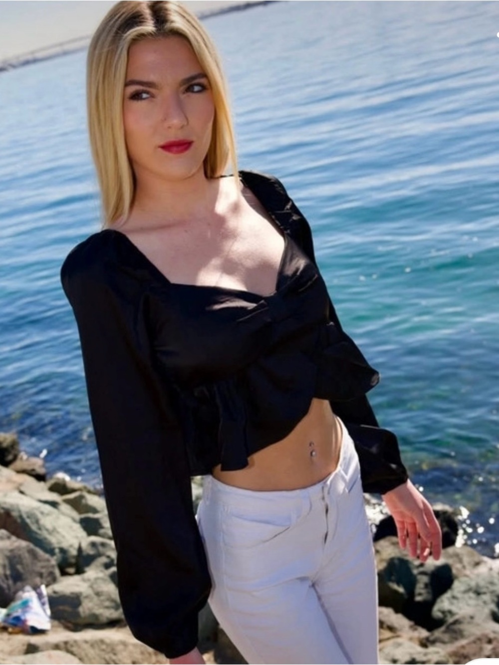 NWT Papermoon Black Satin Look Crop Top Puff Sleeve Front Bow Party Blouse M